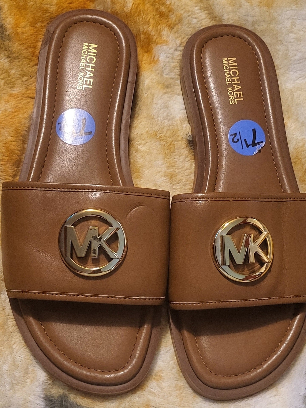 MICHAEL Michael Kors Women's Tan Slide Sandals with Gold MK Logo